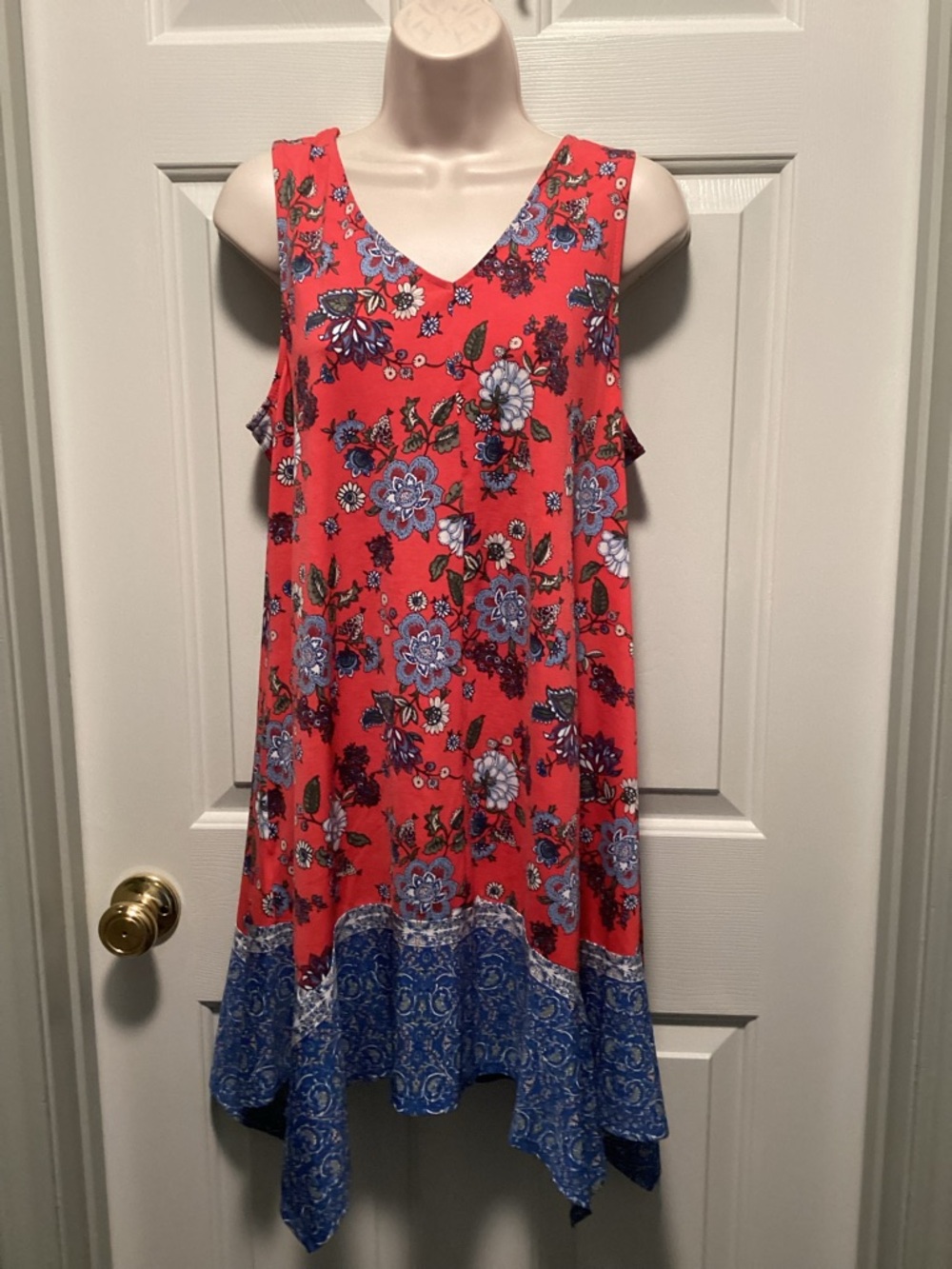 Trixxi Floral Asymmetrical Hem Dress with Blue Border